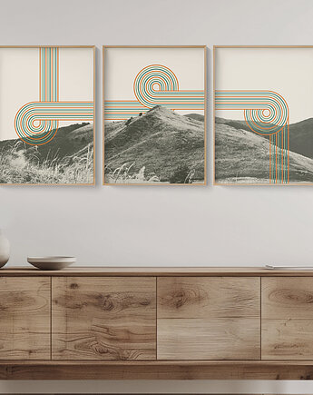 Plakaty zestaw/tryptyk góry Bieszczady, nowoczesne, w stylu retro, mid-century., Grawisfera