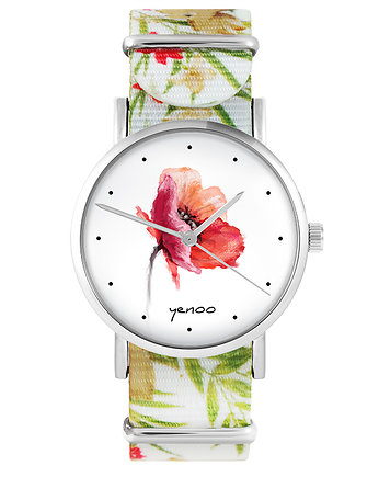 Zegarek yenoo - Mak - kwiaty, nato, biały, yenoo