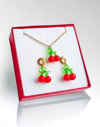 KOMPLET : wisienki : naszyjnik klasyczny łańcuszek, kolczyki, kaktusia