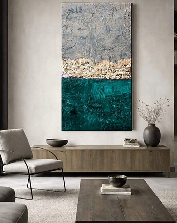 Obraz artystyczny 80x160cm w kolorach turkus złoto brudna biel, art and texture
