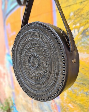 Torebka skórzana ręcznie robiona góralska okrągła na ramię Carmen Duża, SempreArte
