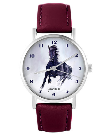 Zegarek - Czarny koń - skórzany, burgund, yenoo
