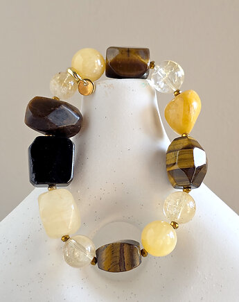 Tygrysie oko, cytryn, czarny turmalin, kalcyt i hematyt bransoletka, Magneska