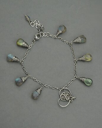 Bransoletka regulowana serce kolorowe labradoryty wire wrapping, Agata Rozanska