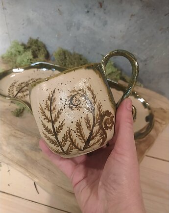 Kubek malowany ręcznie 300ml + talerzyk " Paprocie ", AM Natural Home Pracownia Ceramiczna