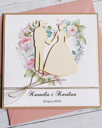 Kartka ślubna, PERSONALIZACJA, kolorowa koperta : róż, kaktusia