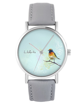 Zegarek - Kolorowy ptak - skóra, szary, yenoo