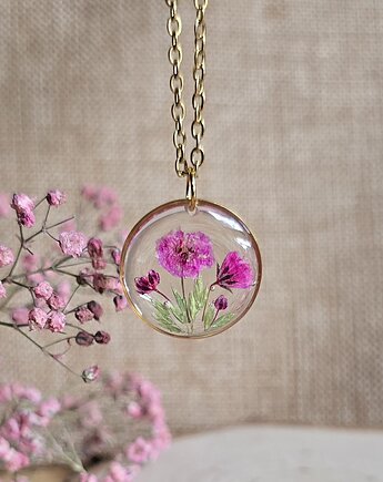 Łąka kwiatowa malinowa Złota zawieszka złoty wisiorek kwiaty fioletowa, zkwiatem