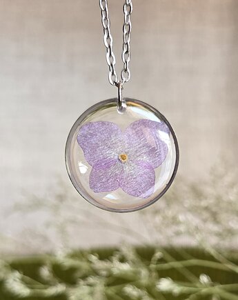 Wieczne kwiaty srebrny wisiorek hortensja fioletowa, zkwiatem