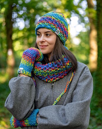 Czapka MERINO 50% ,,Tęcza błękit HOPE, Brain Inside