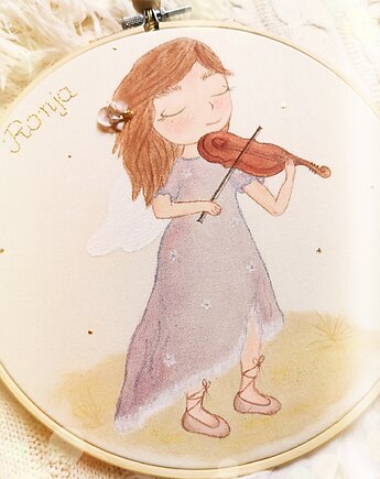 Obrazek z aniołem grającym na skrzypcach, pamiątka I Komunii dla dziewczynki, gingerolla