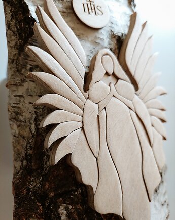 Drewniany obrazek 3D - anioł Chrzest Komunia, Dziadek z drewna