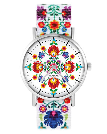 Zegarek - Folkowa mandala - folk biały, nato, yenoo