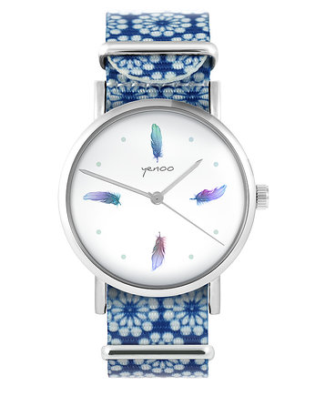 Zegarek - Turkusowe piórka - niebieski, kwiaty, yenoo