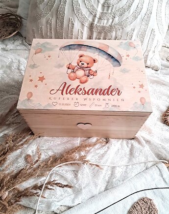 KUFEREK MIŚ W SPADOCHRONIE z metryczką, prezent na roczek, chrzest, urodziny, LOO LOO DREAM