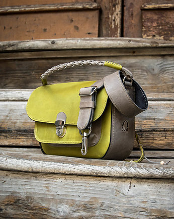 Skórzana torebka Lara wykonana ze skóry w kolorze limonkowym i szarym, Ladybuq Art Studio
