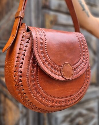 Torebka skórzana ręcznie robiona góralska Isla na ramię wzory, SempreArte