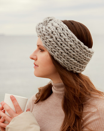 Jasnoszara opaska turban z grubej wełny peruwiańskiej, Holy Alpaca Knit
