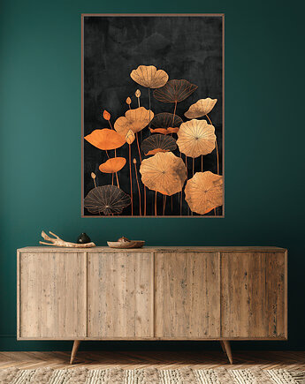 Liście lotusu - Plakat, druk - Chiński Orient, Harmonia Zen, Wabi Sabi #119, Black Sapphire Art