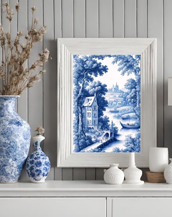 PLAKAT Toile de jouy, biało niebieska dekoracja, chinoiserie, black dot studio