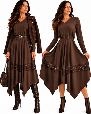 Asymetryczna brązowa sukienka z koronką R.34-50, MM FASHION