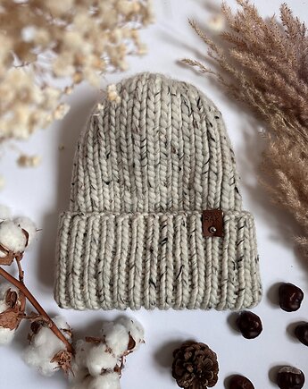 Gruba wełniana czapka oversize z bardzo szerokim wywinięciem - tweed naturalny, Kocie Motki