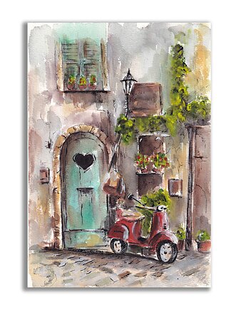 Akwarela ręcznie malowana oryginalna "Włoska Uliczka ze Skuterem", Galeria Alma