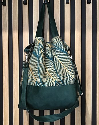 Torba hobo XXL - print graficzne liście (na zamek), PRACOWNIA 166