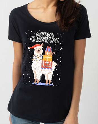 Koszulka damska organiczna Merry Christmas Lama, ART ORGANIC