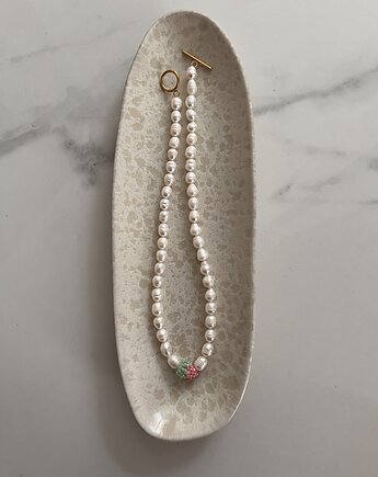 Handmade naszyjnik z naturalnych pereł z różową maliną koraliki 2w1, Juicy Beads