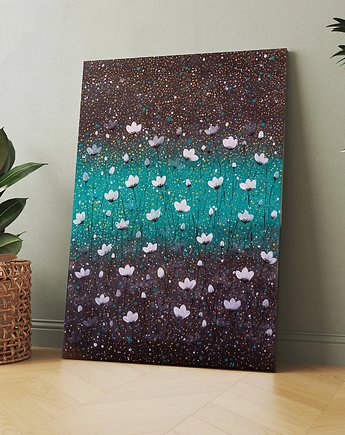 Obraz na płótnie 50x70cm. Białe kwiaty na turkusie, Malgorzata Domanska