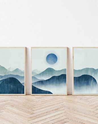 3 PLAKATY góry, krajobraz górski niebieski, ilustracja, black dot studio