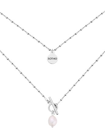 Srebrny kosteczkowy naszyjnik z ozdobnym zapięciem i perłą, SOTHO