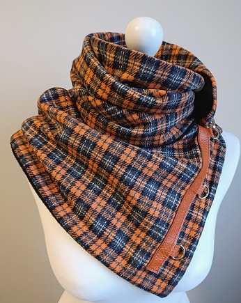 Szal wełniany pomarańczowy w kratkę-  unikatowy, Green Sheep