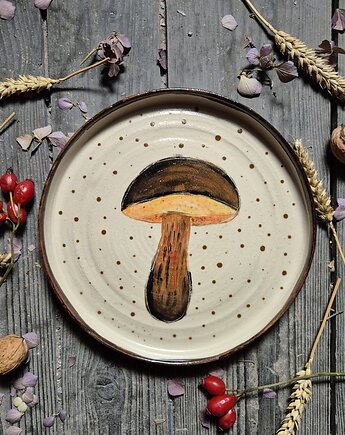 Talerz płaski obiadowy 26 cm z ILUSTRACJĄ PRAWDZIWKA, rysunek Grzyba, las, Fiona Ceramics
