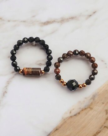 Zestaw pierścionków : turmalin, tygrysie oko, kaktusia