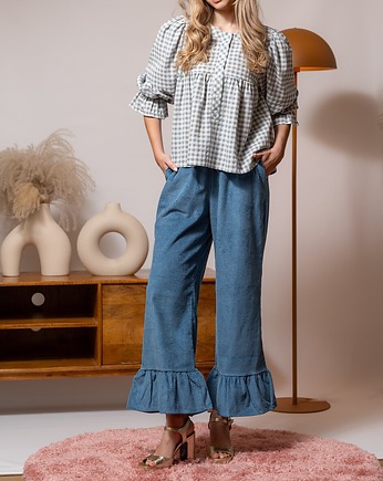Sztruksowe spodnie z falbanką, FELICJA DENIM BLUE, Yanowska