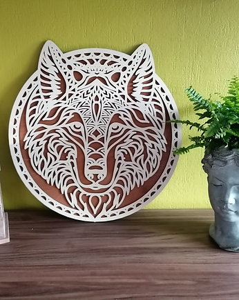 AŻUROWA, DWUWARSTWOWA  DEKORACJA ŚCIENNA, WILK, BOHO STYLE, BEJCA M 50 x 50 cm, ORNAMENTI