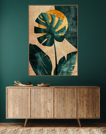 Liście monstery - Plakat, druk - Chiński Orient, Harmonia Zen, Wabi Sabi #125, Black Sapphire Art
