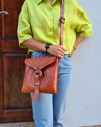 Torebka skórzana ręcznie robiona góralska Carola wzory zakopane, SempreArte