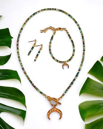 Komplet : LUNULA jadeit zielono-brązowy, kaktusia