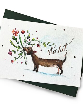 Kartka Urodzinowa Jamnik sto lat, Tworyzglowy