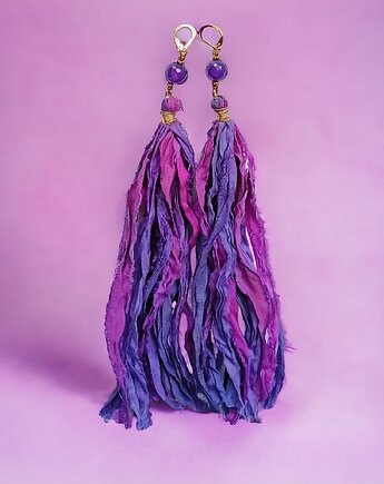 UNIKATOWE kolczyki chwosty : jedwab : ekstremalnie długie : Sari 012, kaktusia