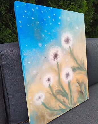 Olej Płótno 65x50 Dmuchawce Medytacja OM Energetyczne Rozwój Spokój, kkjustpaint Karolina Kamińska