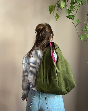 Hobo bag zielona różowa w paski dwustronna, boytel tasha