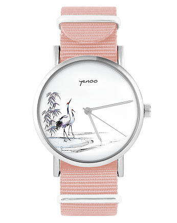 Zegarek - Japońskie żurawie - brzoskwiniowy róż, yenoo