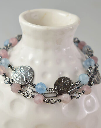 Elnora - srebrna bransoletka z kwarcem różowym i akwamarynem, Sunflower Kornelia Kubinowska