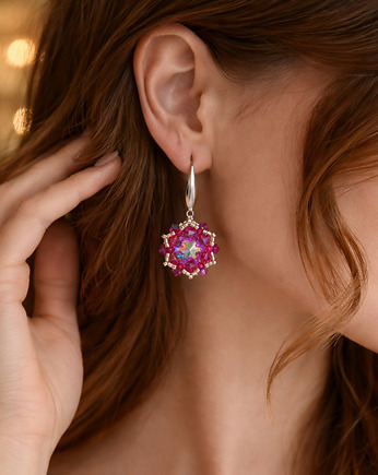 Różowe Wiszące Kolczyki "Crystal Fuchsia Maxima" z Kryształów Preciosa, STAGHORN