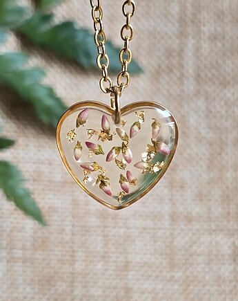 Złota zawieszka wisiorek kwiaty serce serduszko różowy wrzosiec, zkwiatem