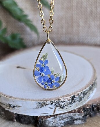 Złoty wisiorek prawdziwe kwiaty zawieszka łezka łza niezapominajki, zkwiatem